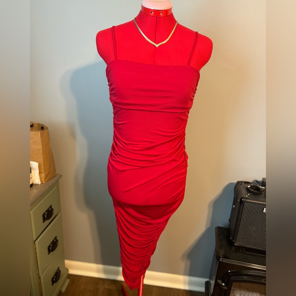 Red Bodycon Ruching Dress Asymmetrical Hem